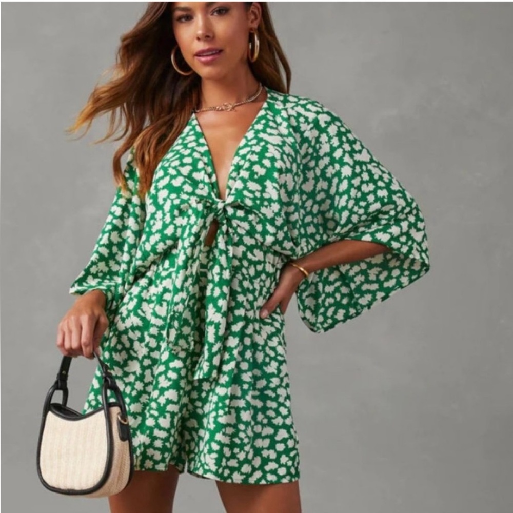 LAWLESS Green & White Floral Romper with Front Tie and Kimono-Style Sleeves